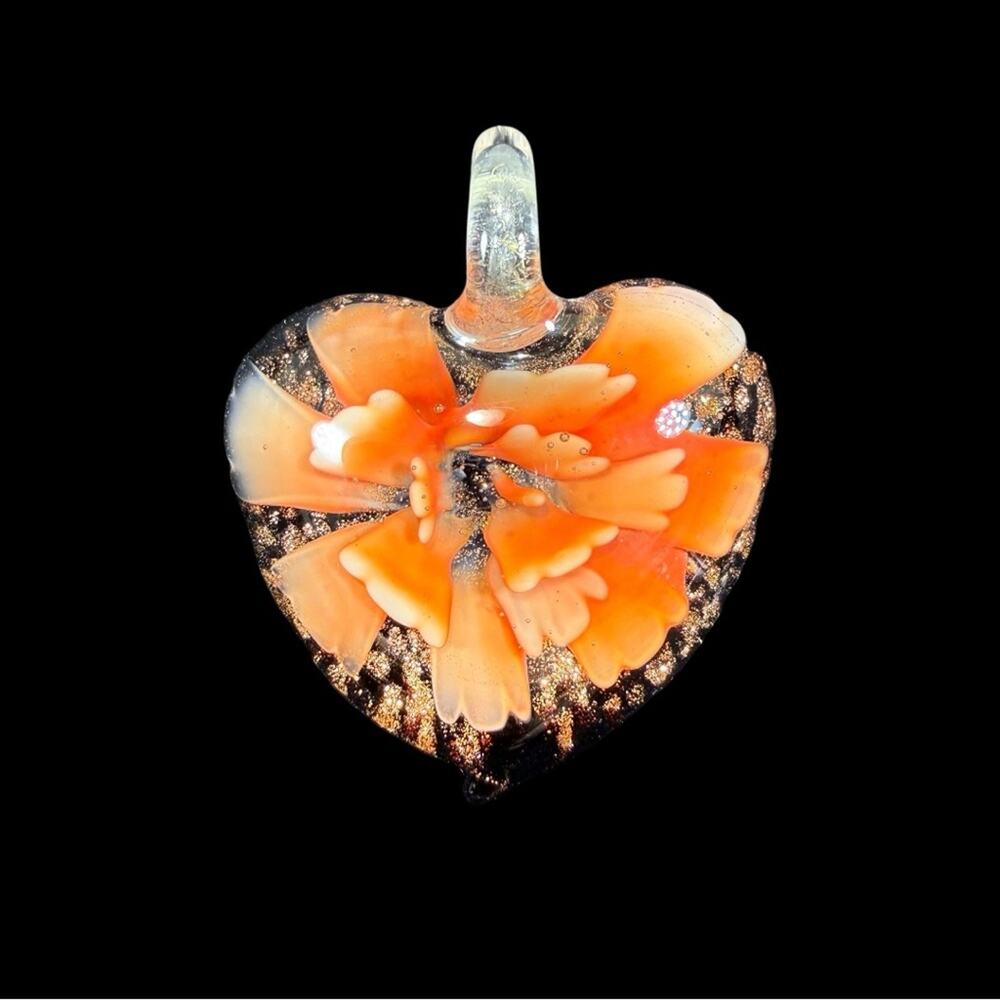 Orange Flower Gold Foil Heart-Shaped Art Glass Pendant
